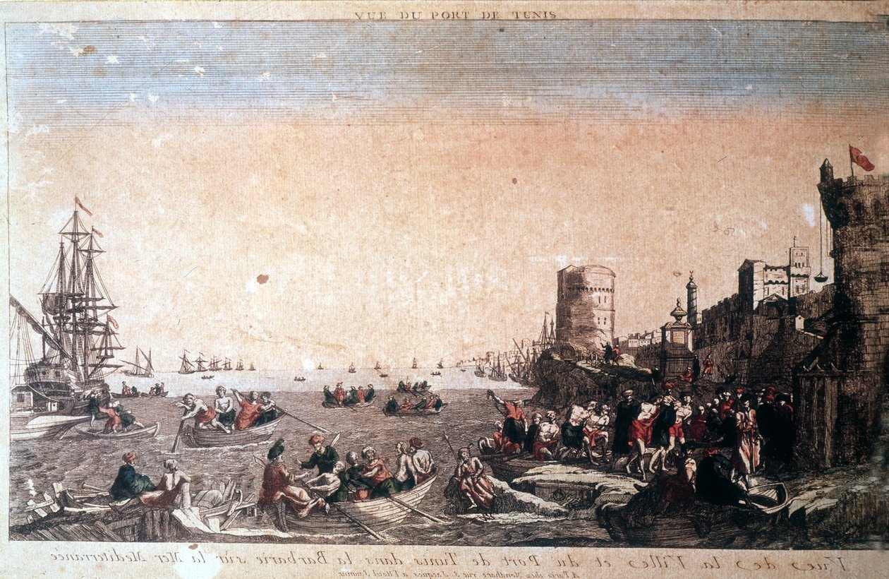 Pohled na město a přístav Tunis v barbarství na Středozemním moři - Zajatí piráti přijíždějící do Port de la Goulette v Tunisu. Rytina 18. století. od Unknown artist