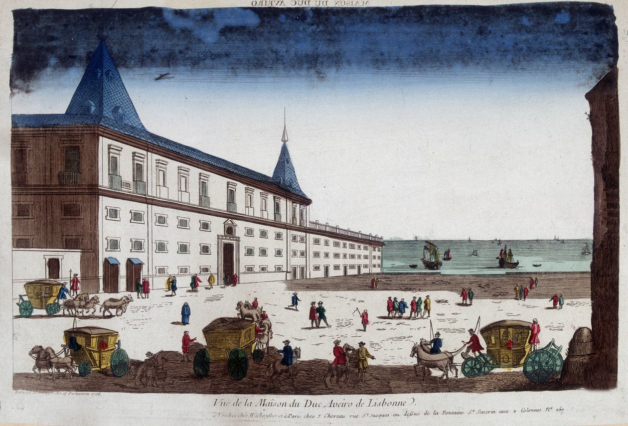 Pohled na dům vévody z Aveiro v portugalském Lisabonu. 18. století rytina. od Unknown artist