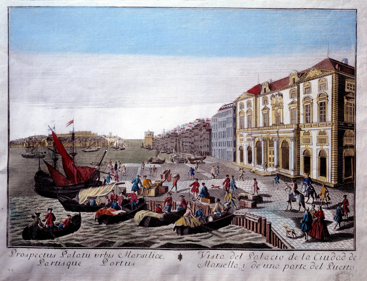 Pohled na Hotel de Ville a část marseillského přístavu Scéna obchodních aktivit a vykládky zboží na přístavišti. Anonymní rytina z 18. století Marseille, Musee de la Marine od Unknown artist
