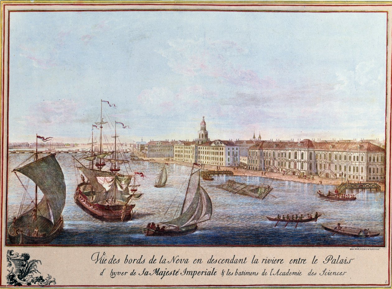 Pohled na Něvu v Zimním paláci a Akademii věd v Petrohradu. Tisk kolem roku 1753. Paris, B.N. od Unknown artist