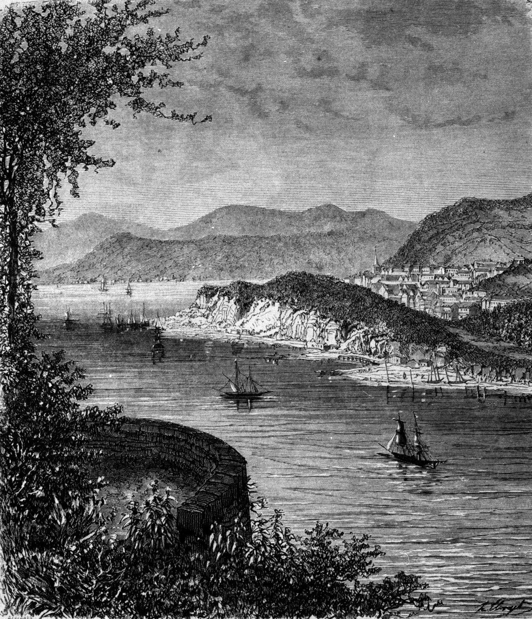 Pohled na řeku St. Lawrence v Severní Americe. 19. století rytina od Unknown artist