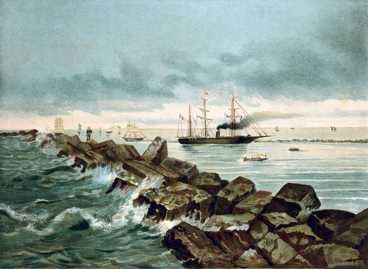 Pohled na Suezský průplav slavnostně otevřen 17.09.1869. Chromolitografie 19. století od Unknown artist
