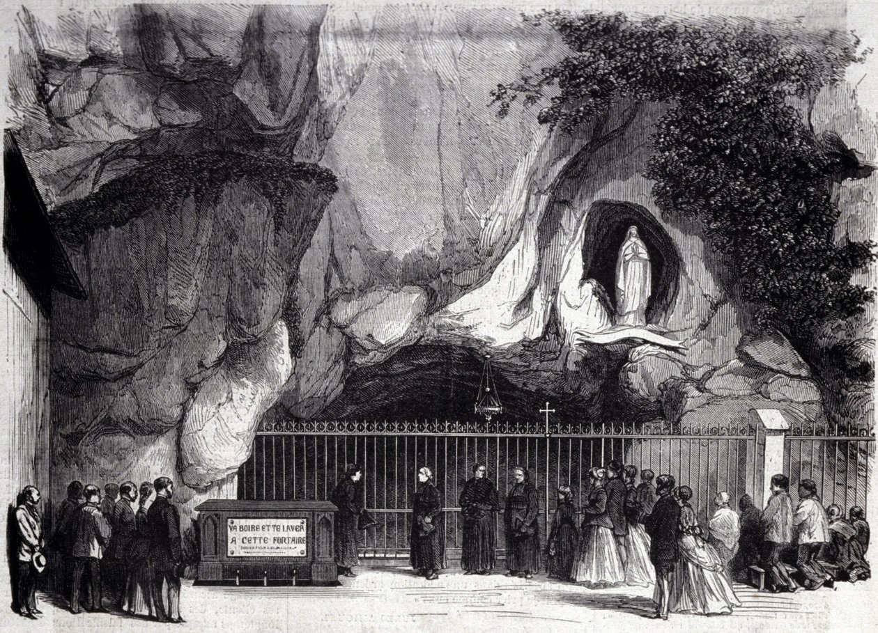Pohled na jeskyni Lurdy ve Vysokých Pyrenejích, kde se v roce 1858 zjevila Panna Marie Bernadette Soubirousové (1844-1879), dnešní poutní místo. Rytina 19. století od Unknown artist