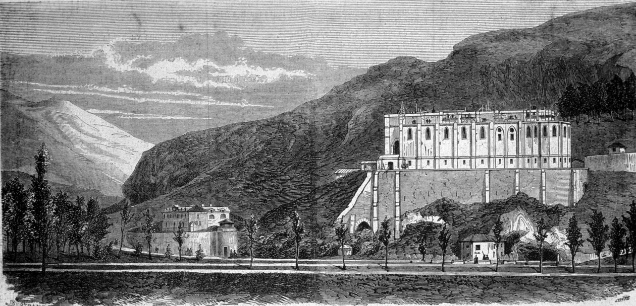 Pohled na rozestavěný kostel poblíž zázračné jeskyně Lurdy ve Vysokých Pyrenejích, kde se v roce 1858 zjevila Panna Maria Bernadettě Soubirousové (1844-1879), dnešní poutní místo. Rytina 19. století od Unknown artist