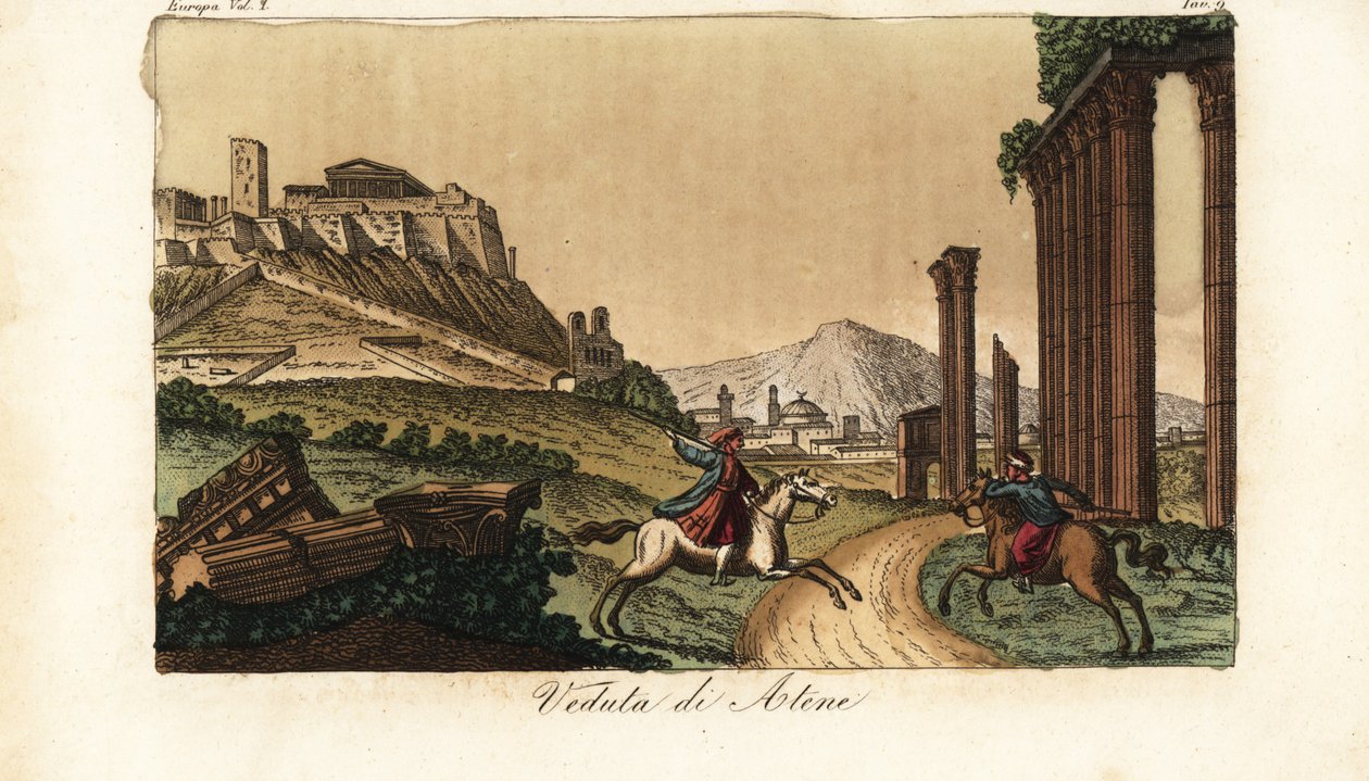 Pohled na město Atény, Řecko, s Akropolí a Parthenónem vlevo, ruiny sloupů, monumenty a Propylaea vpředu od Unknown artist