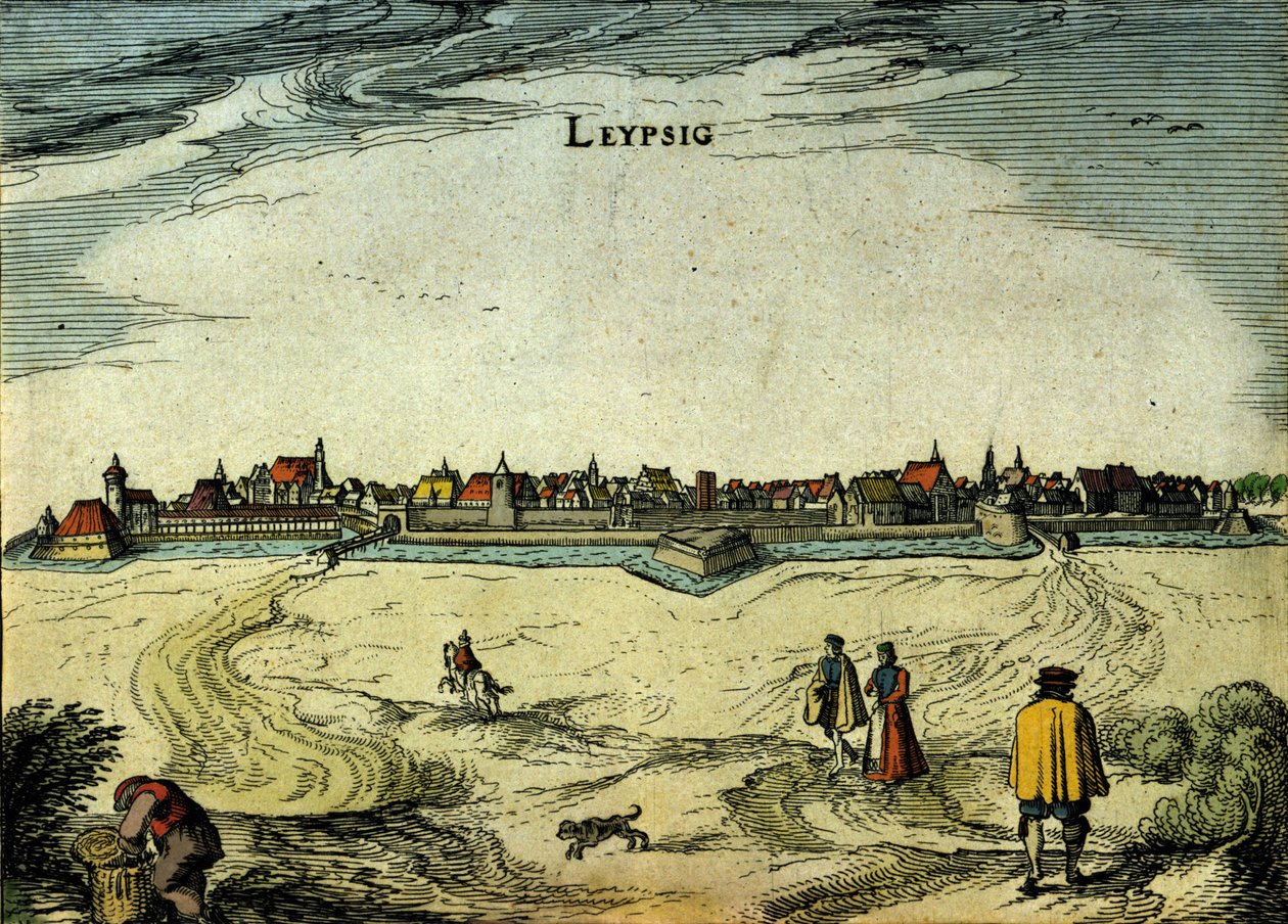 Pohled na město Lipsko v Německu. 18. století rytina od Unknown artist