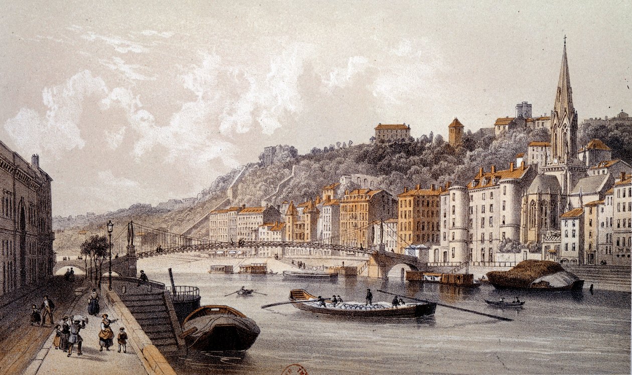 Pohled na město Lyon z Quai Tilsitt. Rytina 19. století. Paříž, B.N. od Unknown artist