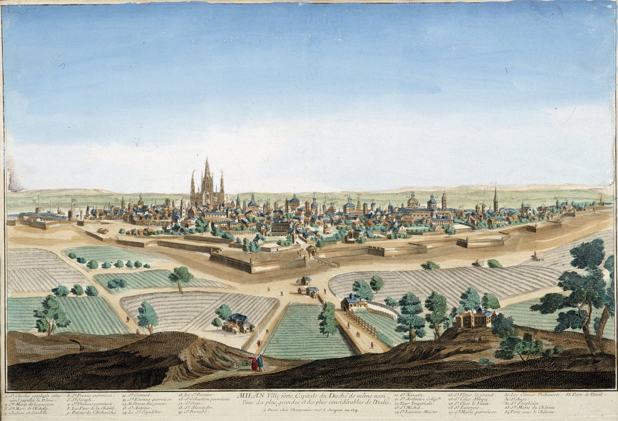 Pohled na město Milán, Itálie s katedrálou a opevněním. Rytina 18. století. od Unknown artist