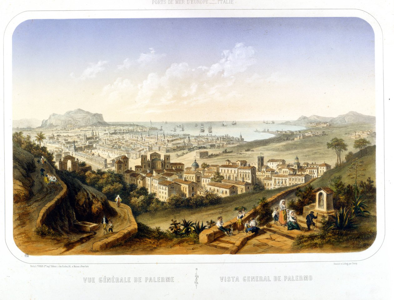 Pohled na město Palermo (Palermo). 1850. Rytina z r. 1860 od Unknown artist