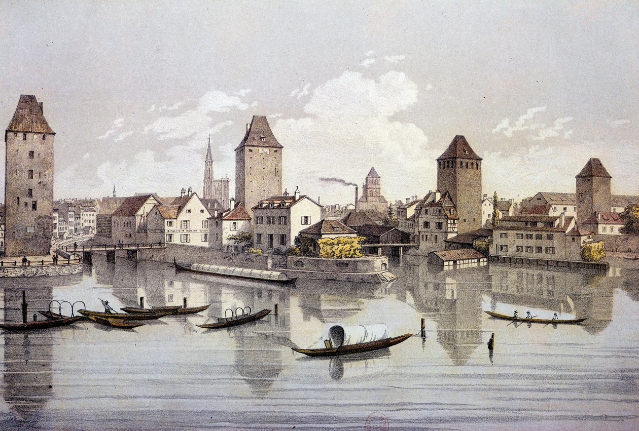 Pohled na město Štrasburk na Rýně. Rytina 19. století Paris, B.N. od Unknown artist