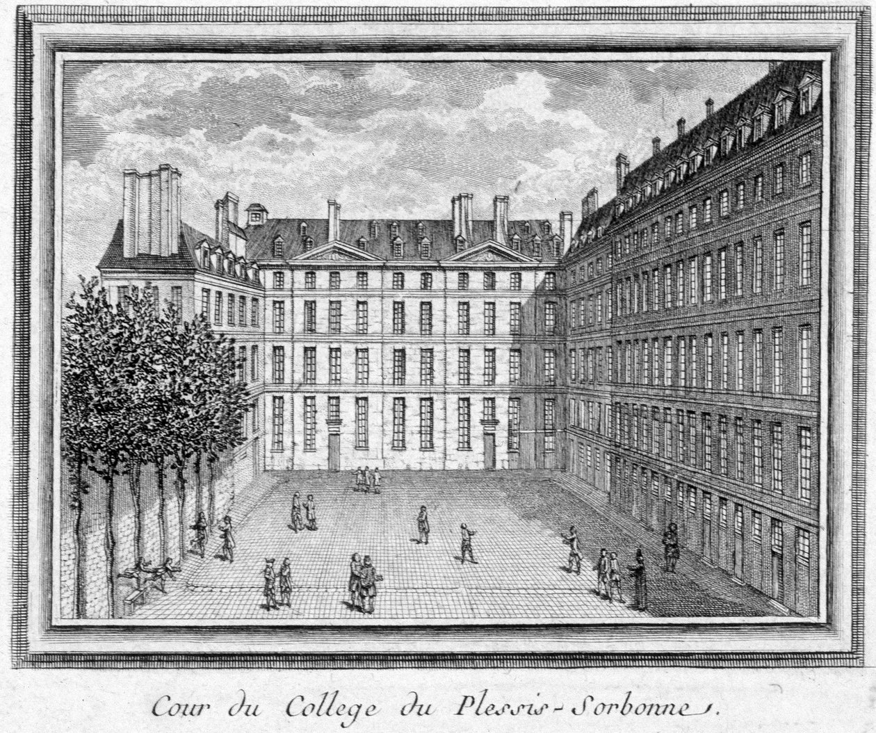 Pohled na dvůr koleje Plessis Sorbonne (Paříž), založené v roce 1323 Geoffroyem du Plessis Balissonem, používané v letech 1848 a 1849 ENA. Rytina zachována v Musee Carnavalet. od Unknown artist
