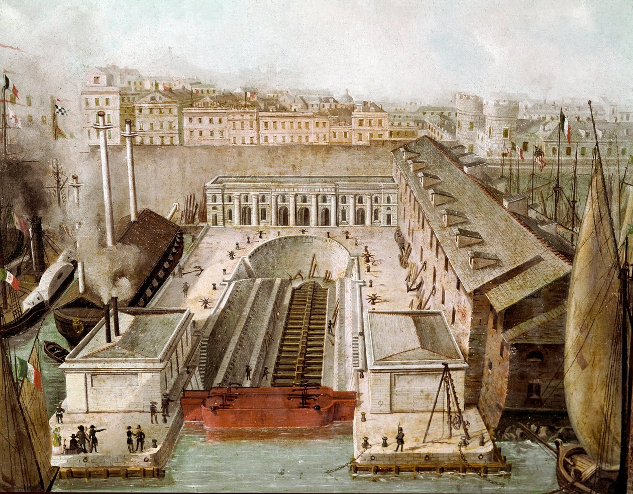 Pohled na suchý přístav neapolského přístavu, který byl slavnostně otevřen v roce 1852 (Pohled na suchý dok v Neapoli) Malba Museo di Capodimonte Neapol z 19. století od Unknown artist