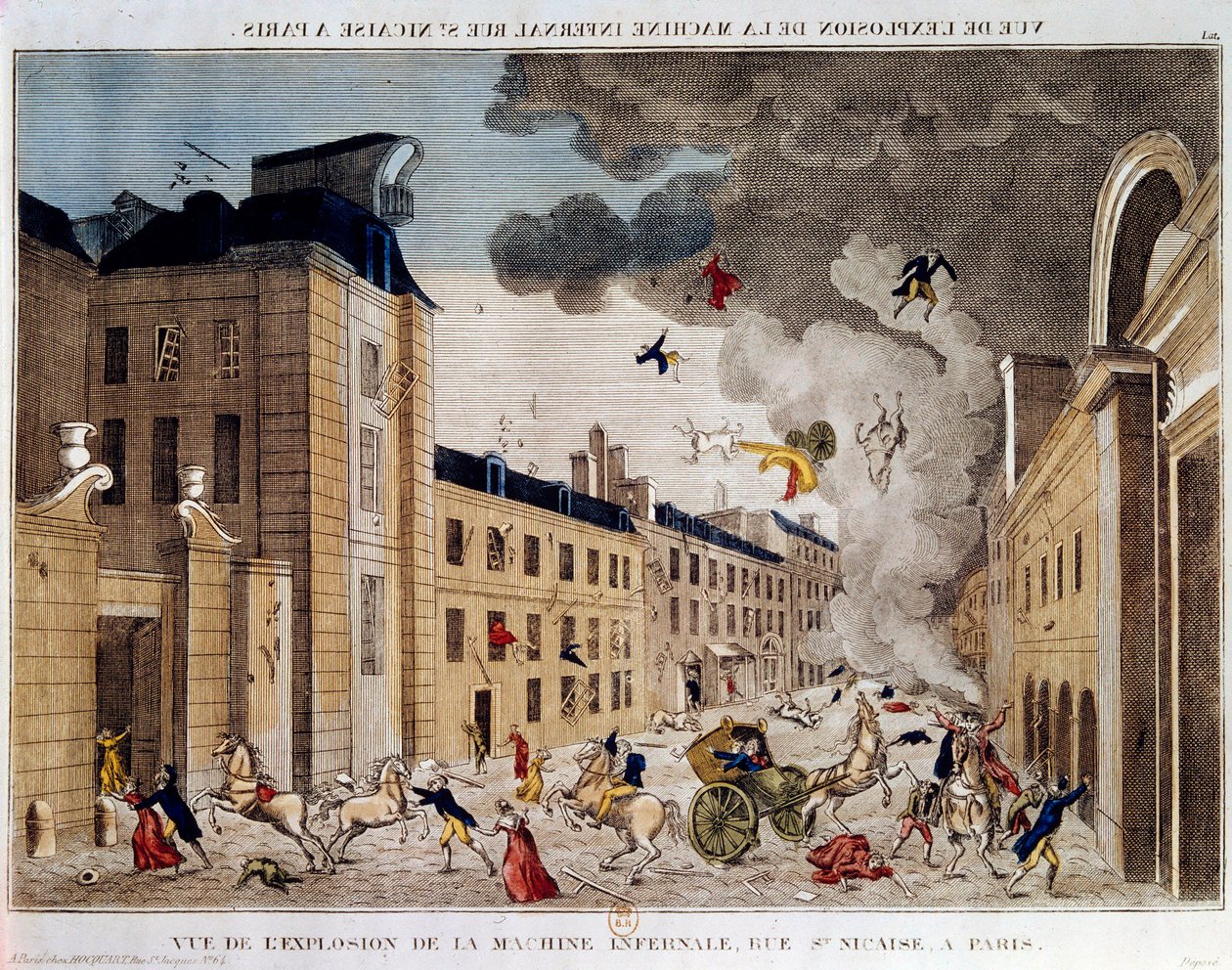Pohled na výbuch pekelného stroje rue Saint Nicaise v Paříži na 3. nivose an IX. Spiknutí pekelného stroje je spiknutí s cílem zabít Napoleona Bonaparta, nového prvního konzula po státním převratu 18. Brumaire. Vstup od Unknown artist