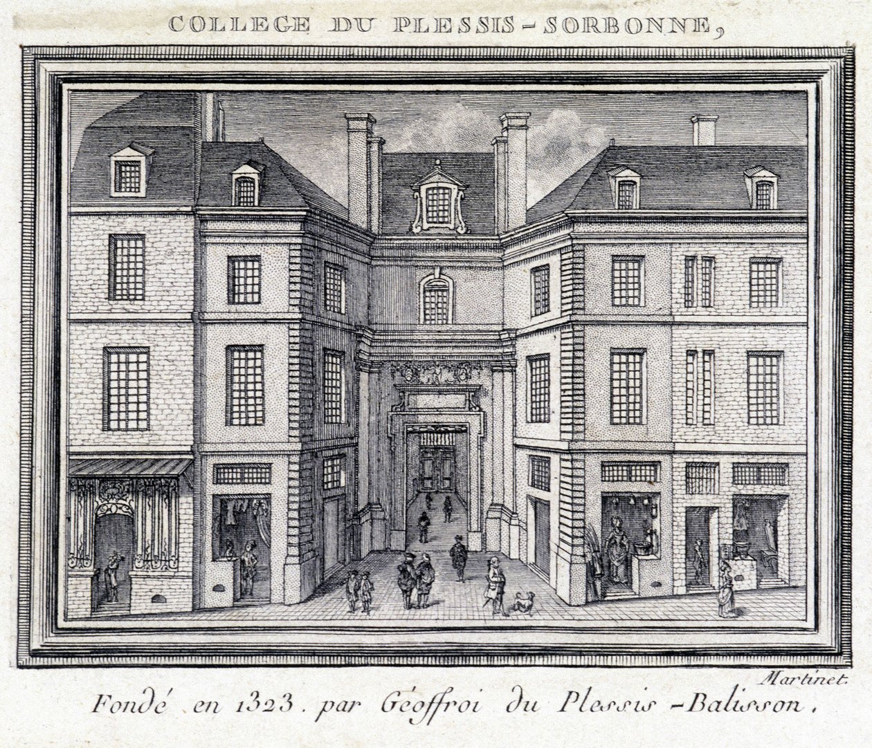 Pohled na vnější fasádu koleje Plessis Sorbonne (Paříž), založenou v roce 1323 Geoffroyem z Plessis Balisson používanou v letech 1848 až 1849 ENA. Rytina zachována v Musee Carnavalet v Paříži. od Unknown artist