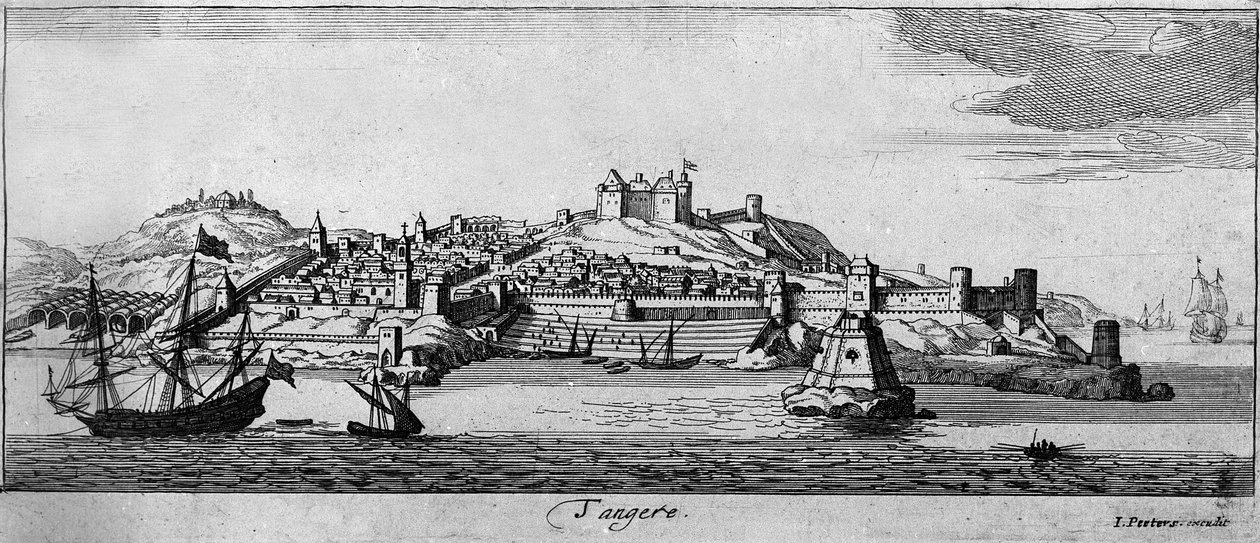 Pohled na opevněné město Tanger a pobřeží, Maroko. 18. století rytina. od Unknown artist