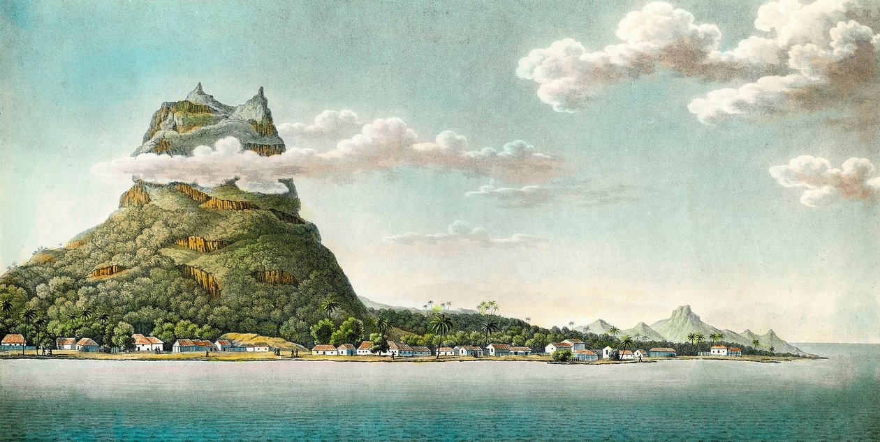 Pohled na ostrov Bora Bora v současné Francouzské Polynésii. Rytina 18. století. Soukromá sbírka od Unknown artist
