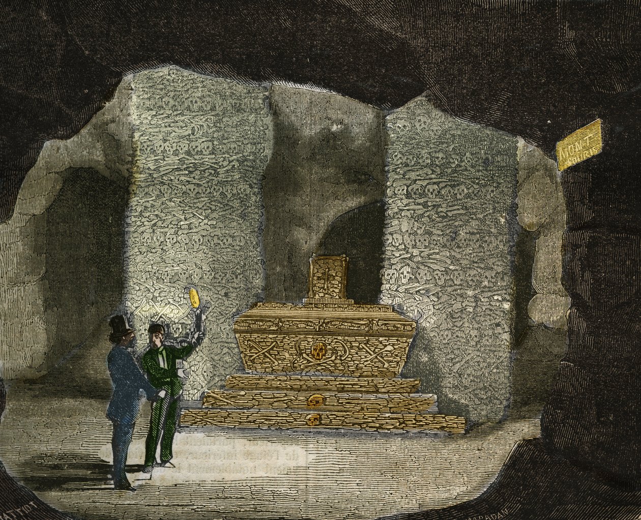 Pohled na kostnici katakomb Montsouris v Paříži. Rytina z roku 1856 v „“Le Musee Des Sciences““ od Unknown artist