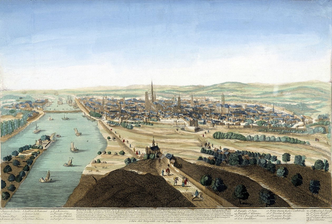 Pohled na přístav a město Rouen; Rytina 18. století. od Unknown artist