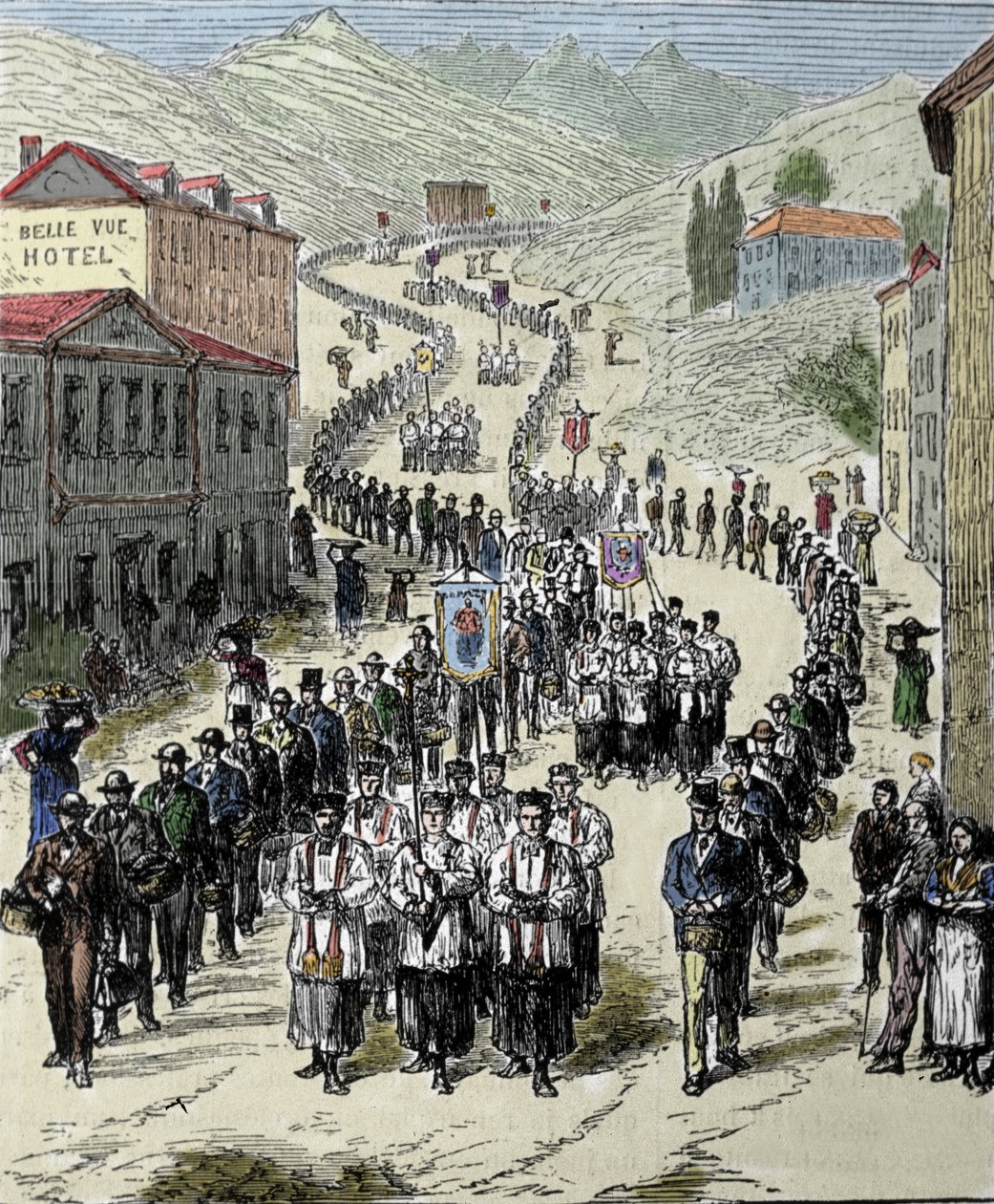 Pohled na procesí z nádraží k jeskyni Lurdy ve Vysokých Pyrenejích, kde se v roce 1858 zjevila Panna Maria Bernadette Soubirous (1844-1879), dnešní poutní místo. Rytina 19. století od Unknown artist