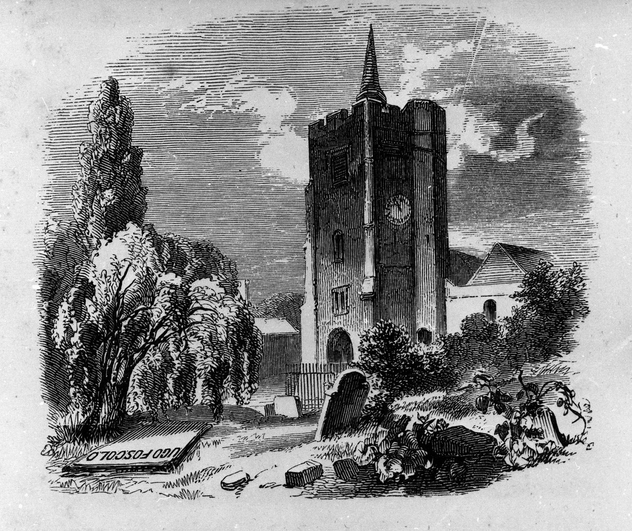 Pohled na hrob italského básníka a dramatika Ugo Foscolo (1778-1827) na hřbitově Chiswick v Londýně. Rytina 19. století od Unknown artist