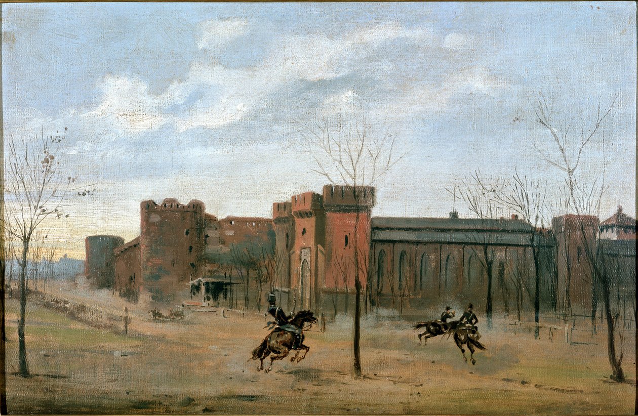 Pohled na hrad Sforza s výcvikem kavalérie (malba od Unknown artist