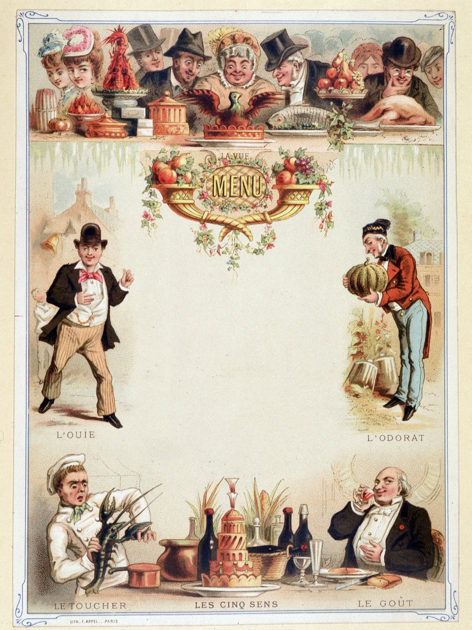 Panenské menu, ilustruje pět smyslů - chromolitografie, konec 19. století od Unknown artist