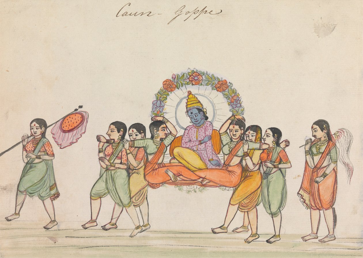 Vishnu Riding Palanquin složený z ženských průvodkyň od Unknown artist