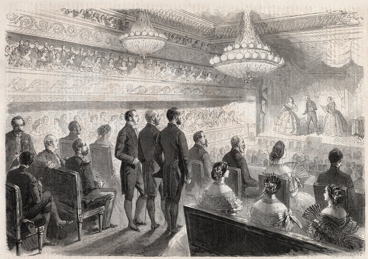 Návštěva Viléma I. Pruského (1797-1888) v Compiegne: gala show v palácovém divadle za přítomnosti Napoleona III. (1808-1873) - Rytina do „“The Illustrous World““ od Unknown artist