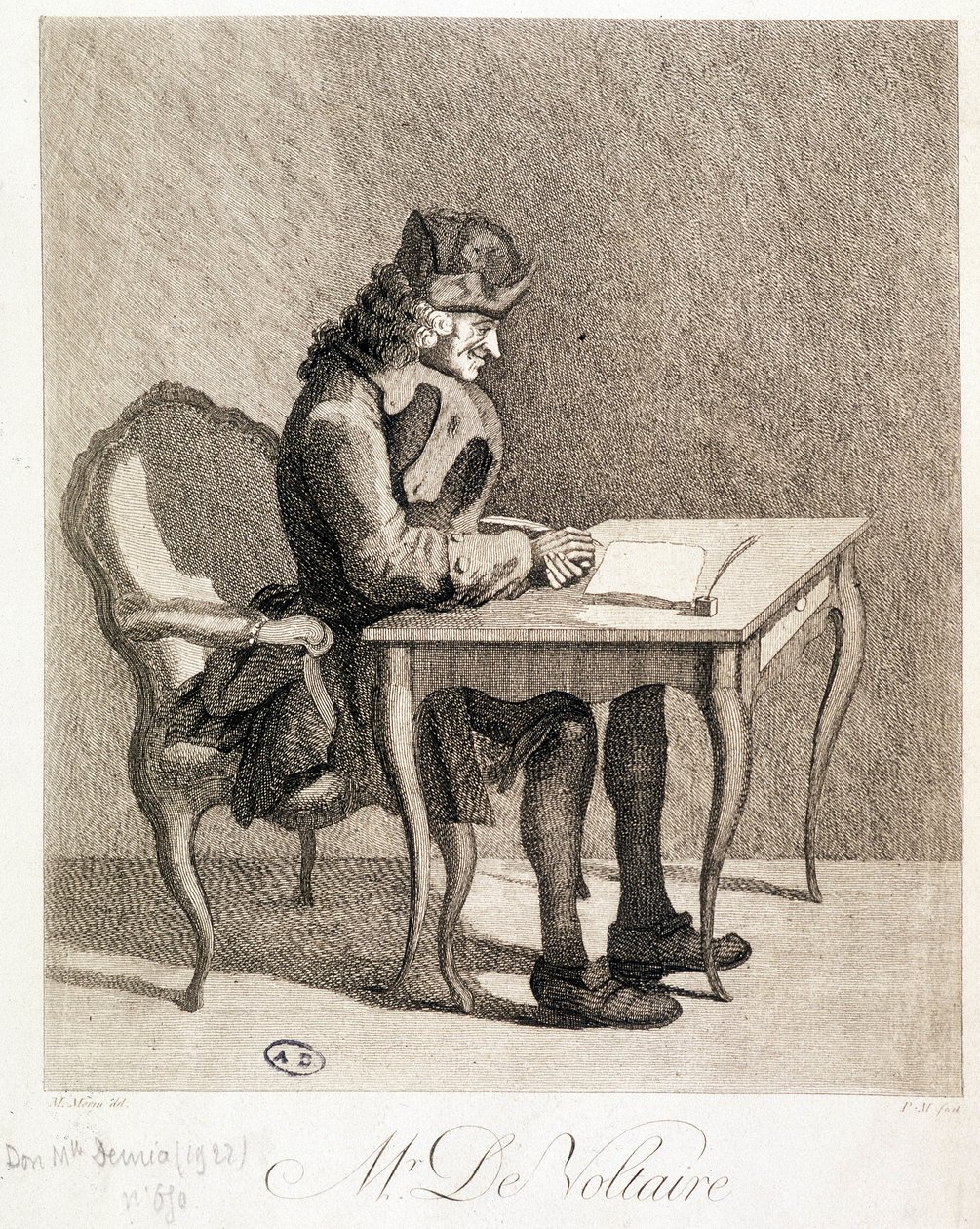 Voltaire u svého pracovního stolu - rytina od Unknown artist