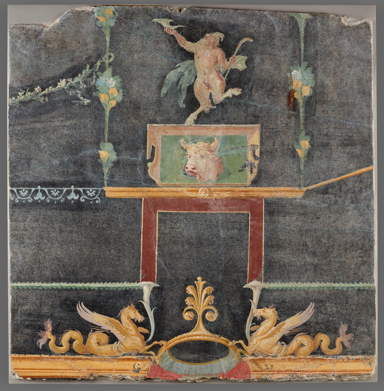 Nástěnný fragment s tančícím satyrem, hrochem a dalšími dekorativními motivy na černém podkladu od Unknown artist