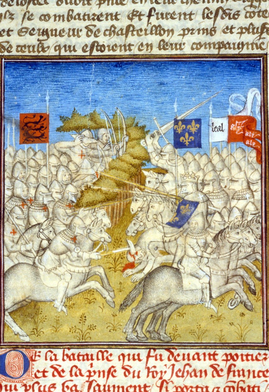 Stoletá válka: Bitva u Poitiers – v „“Grandes Chronicles de Saint-Denis“, konec 14. století (ref. 512, 392v) od Unknown artist