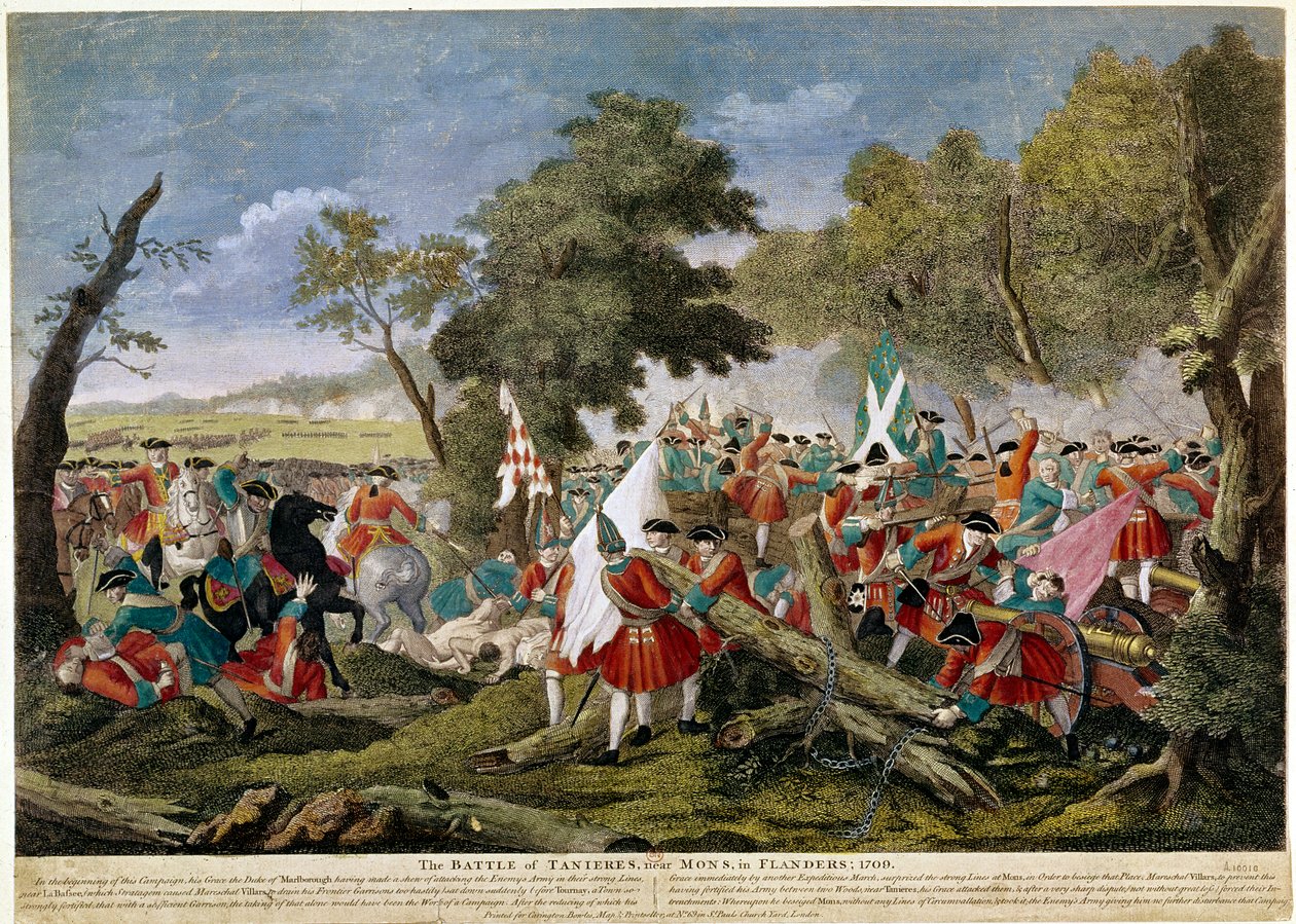 Válka o španělské dědictví (1701-1714): pohled na bitvu u Malplaquet poblíž Mons na francouzsko-belgické hranici 11/09/1709 proti francouzským a španělským jednotkám anglické, holandské a rakouské koalici - Tisky z roku 1709 - BN Paris od Unknown artist