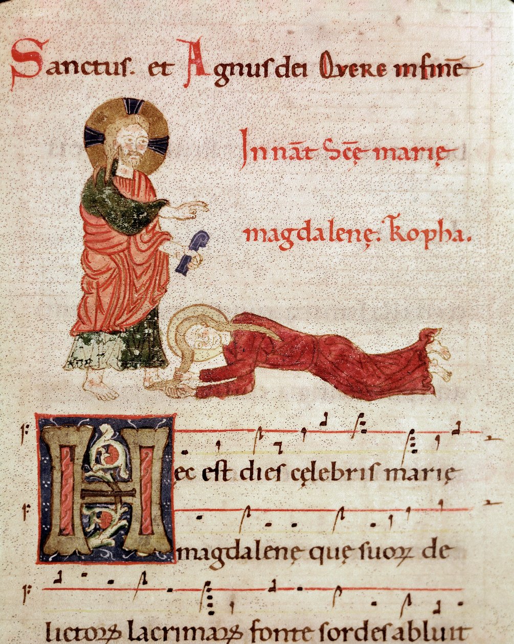 Mytí nohou: Marie Magdalena opřená o nohy Krista Miniatura z postupného antifonáře (oprava) (ms. 65) 12. století Piacenza, Biblioteca Capitolare od Unknown artist