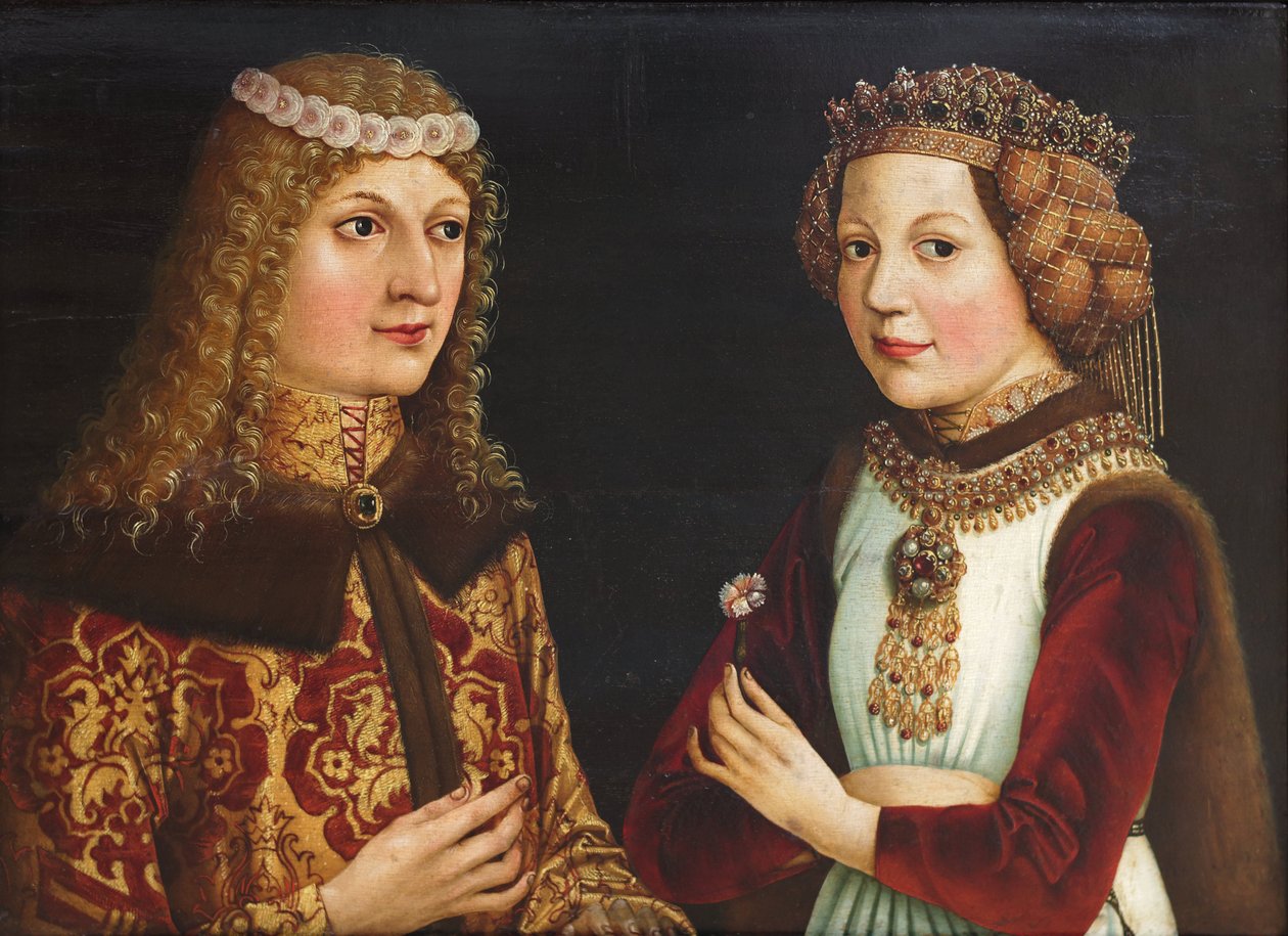 Svatební portrét Ladislava Posmrtného (Ladislas de Habsbourg dit le Posthume) (1440-1457) a Magdaleny z Valois (Madeleine de France ou de Valois) (1443-1495) - Anonym - 1457 - Olej na dřevě - 38,5muvestix52 Muzeum, Budapešť od Unknown artist