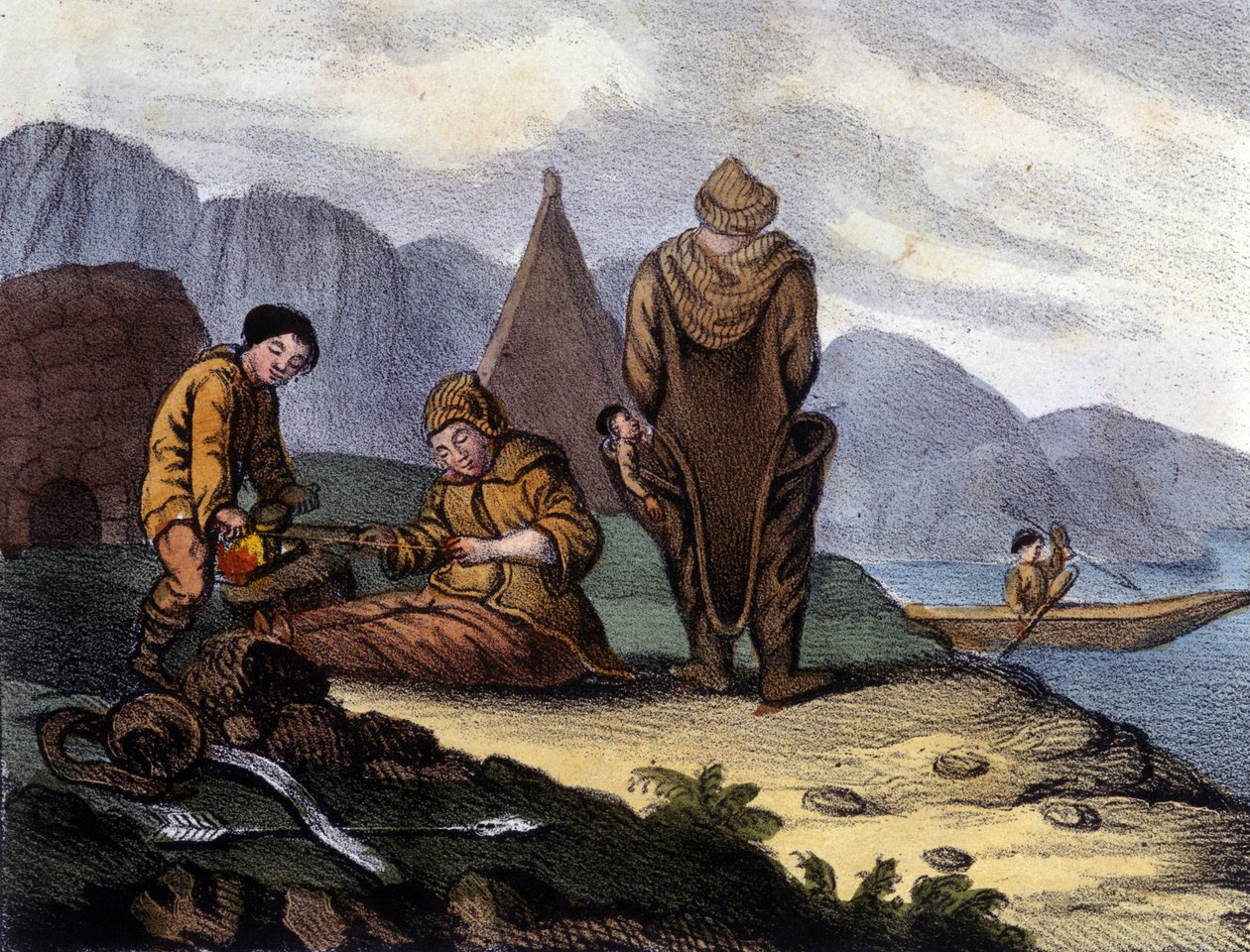 Eskymáci na západním pobřeží Grónska. Litografie z počátku 19. století od Unknown artist