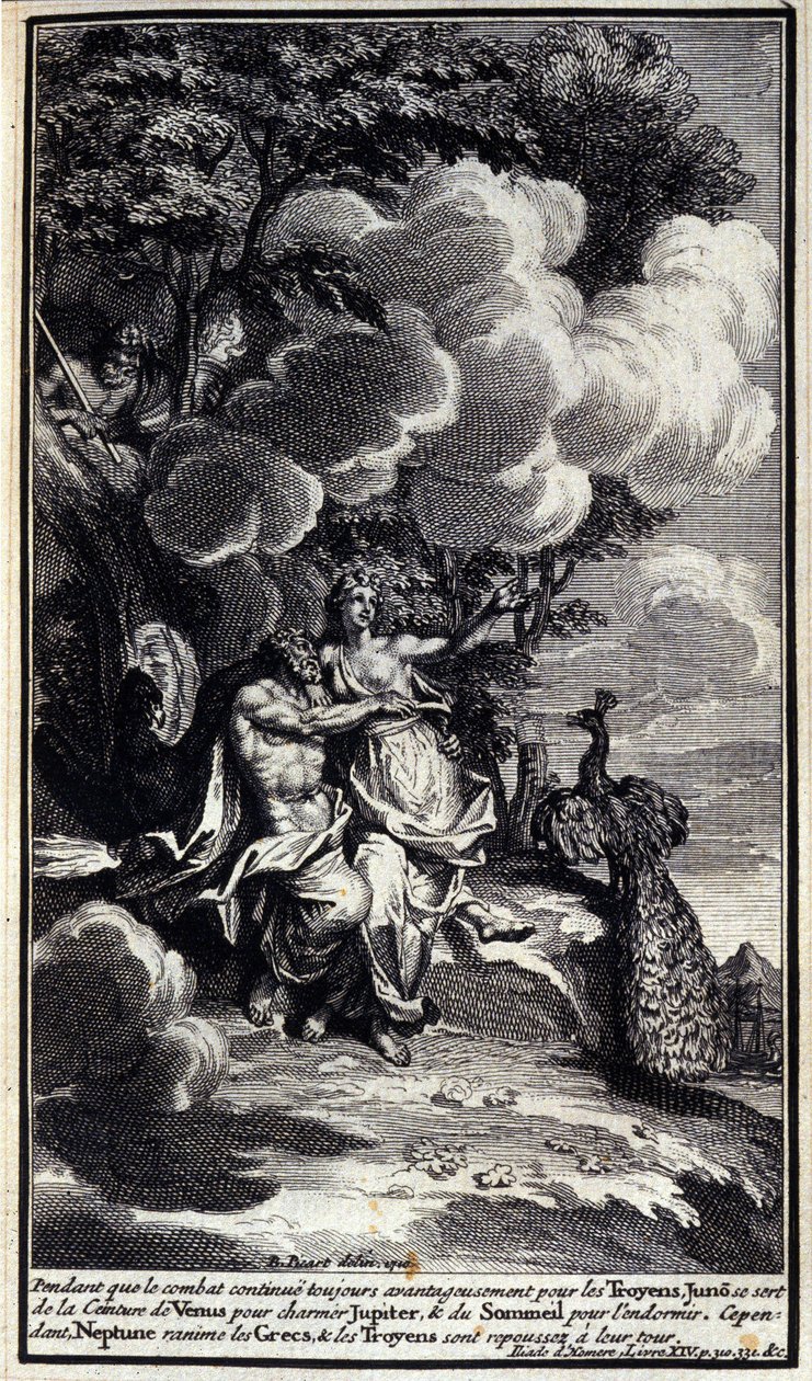 Zatímco boj je pro Trojany nadále výhodný, Junon používá Venušin pás k okouzlení Jupitera a spánek, aby ho uspal. Neptun však Řeky oživí a Trojané se odvrátí. Ilustrace knihy XIV z Homérovy Iliady, Fre od Unknown artist