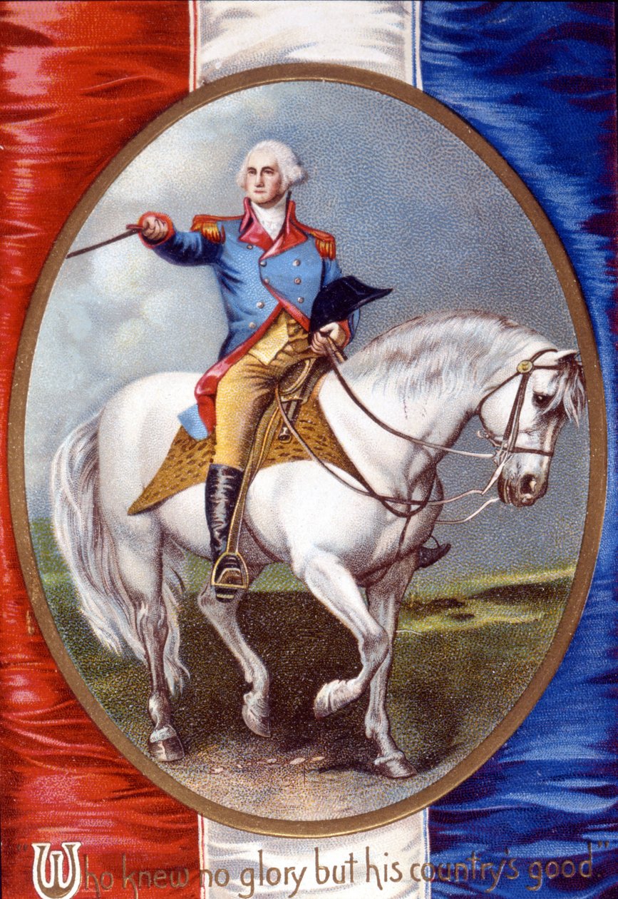 Kdo neznal žádnou slávu než dobro své země: George Washington (1732 - 1799) jedoucí v medailonu na zadní straně francouzské vlajky. chromolitograf 19. století. od Unknown artist