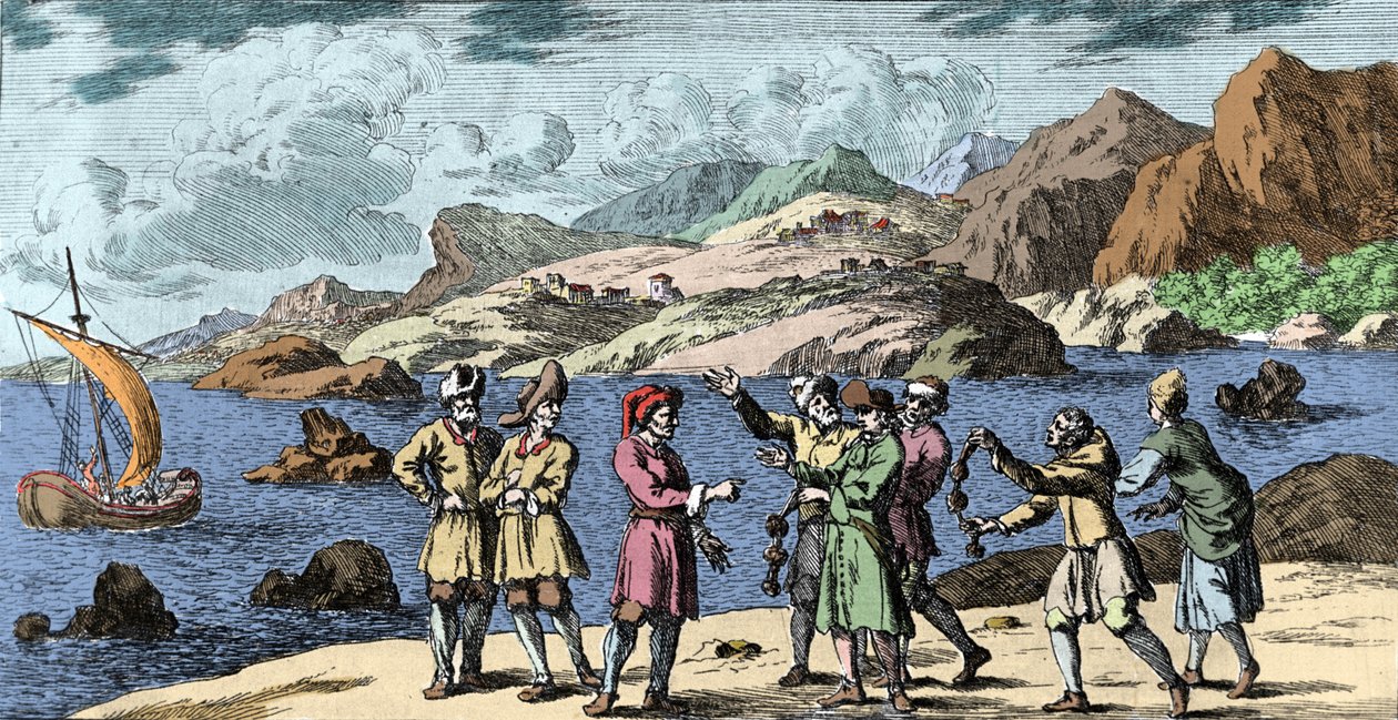 Čarodějnictví a víra: Finové a Sámové vyvolávají bouři kouzlem tří uzlů. Rytina z „Mundi Mirabilis Oeconomia“ od Johanna Zahna (1631-1707) od Unknown artist