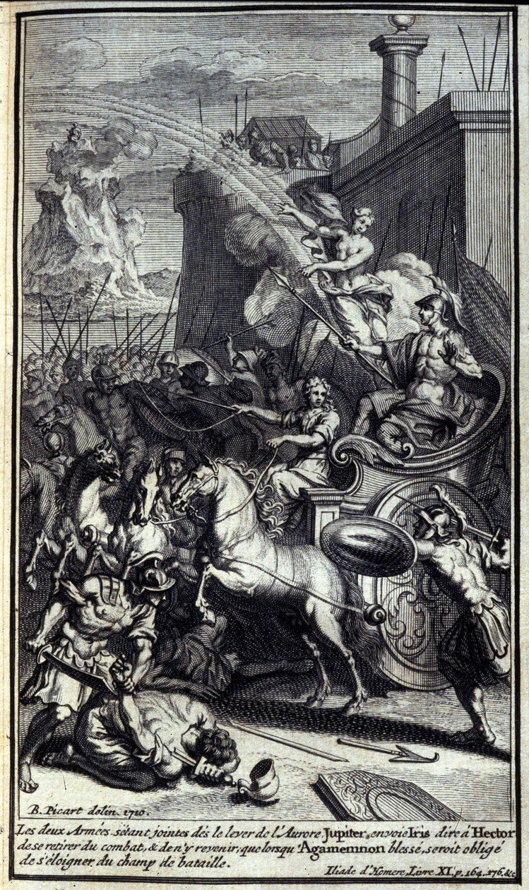 Když se dvě armády připojily k východu úsvitu, Jupiter poslal Iris, aby řekla Hectorovi, aby odstoupil z bitvy a vrátil se, až když bude Agamemnon bolet, bude nucen se vzdálit z bojiště. Ilustrace knihy XI z Homérovy Iliady, Frenc od Unknown artist