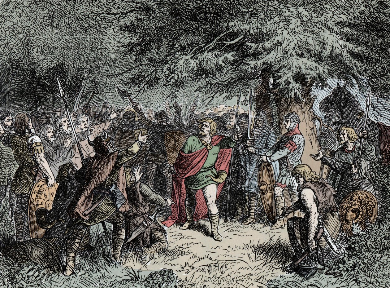 Wittekind volá své Sasy do zbraně – Widukind Saský (asi 750-810) vyzývá Sasy, aby zvedli zbraně proti francouzské invazi Karla Velikého v roce 777 od Unknown artist