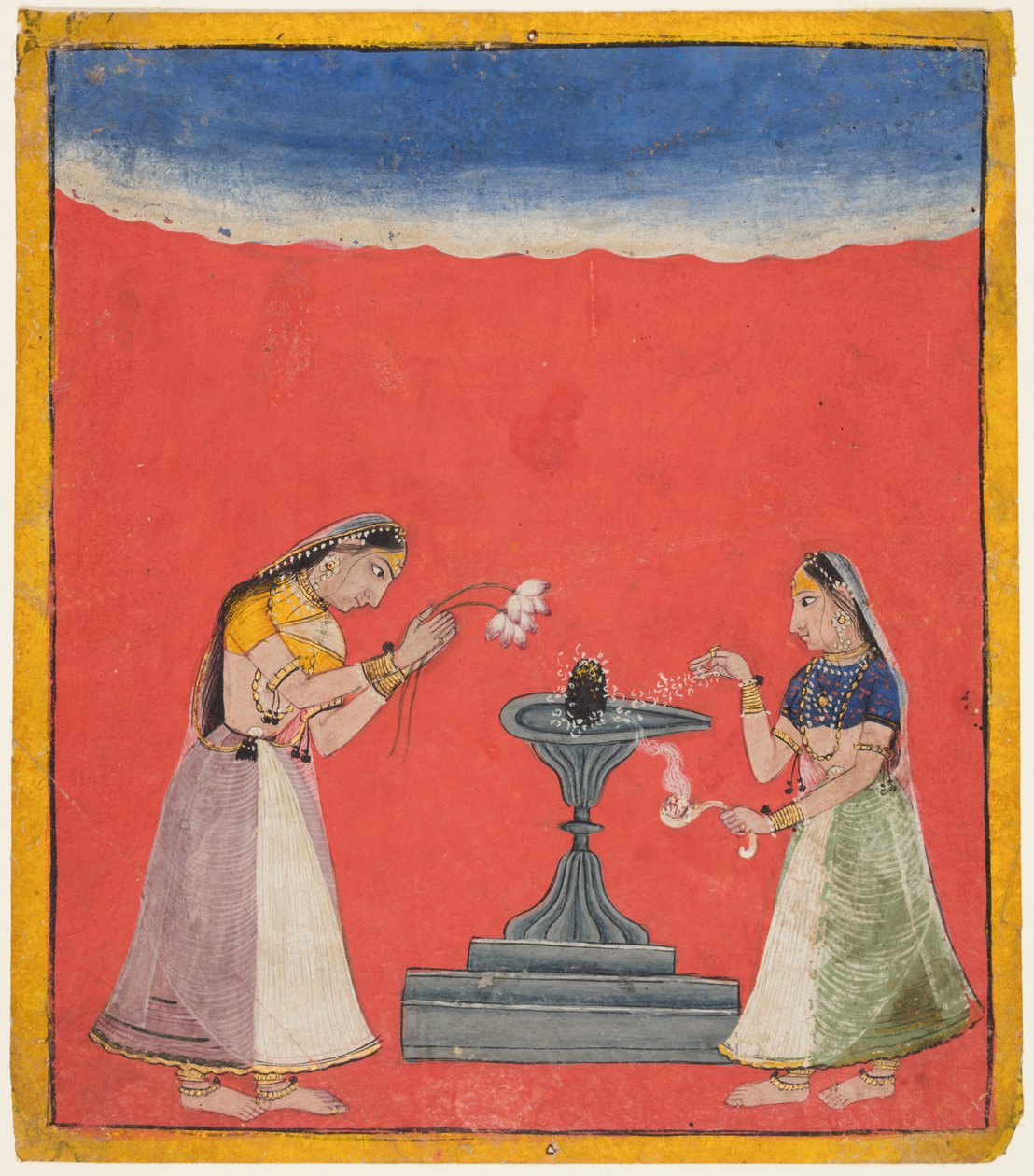 Ženy uctívající Shiva Linga: Devagandhari Ragini z Hindol, z Chamba Ragamala od Unknown artist