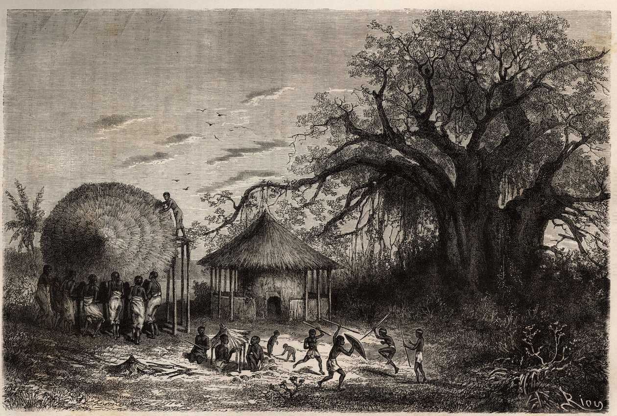 Ženy z okrajů Zambeze mávají chatrče a v popředí dětská hra. Rytina pro ilustraci prvních plaveb Dr. Livingstonea do jižní Afriky v letech 1840 až 1856 v „Le tour du monde, nouveau journal des voyages““ publikovaném pod přímým od Unknown artist