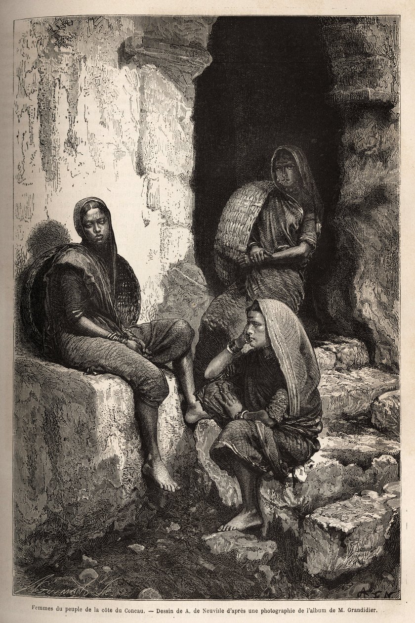 Ženy lidí z pobřeží Concau (nebo Konkan, severní pobřeží Indie). Rytina pro ilustraci plavby v poledníkových provinciích Indie od Alfreda Grandidiera v letech 1862-1864, publikovaná v „“Le tour du monde“““ 1869, editoval Edouard Charton, od Unknown artist