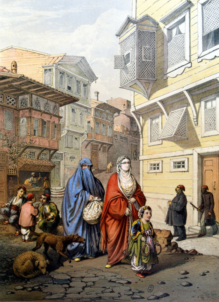 Ženy zahalené v ulici Konstantinopole - rytina od Unknown artist