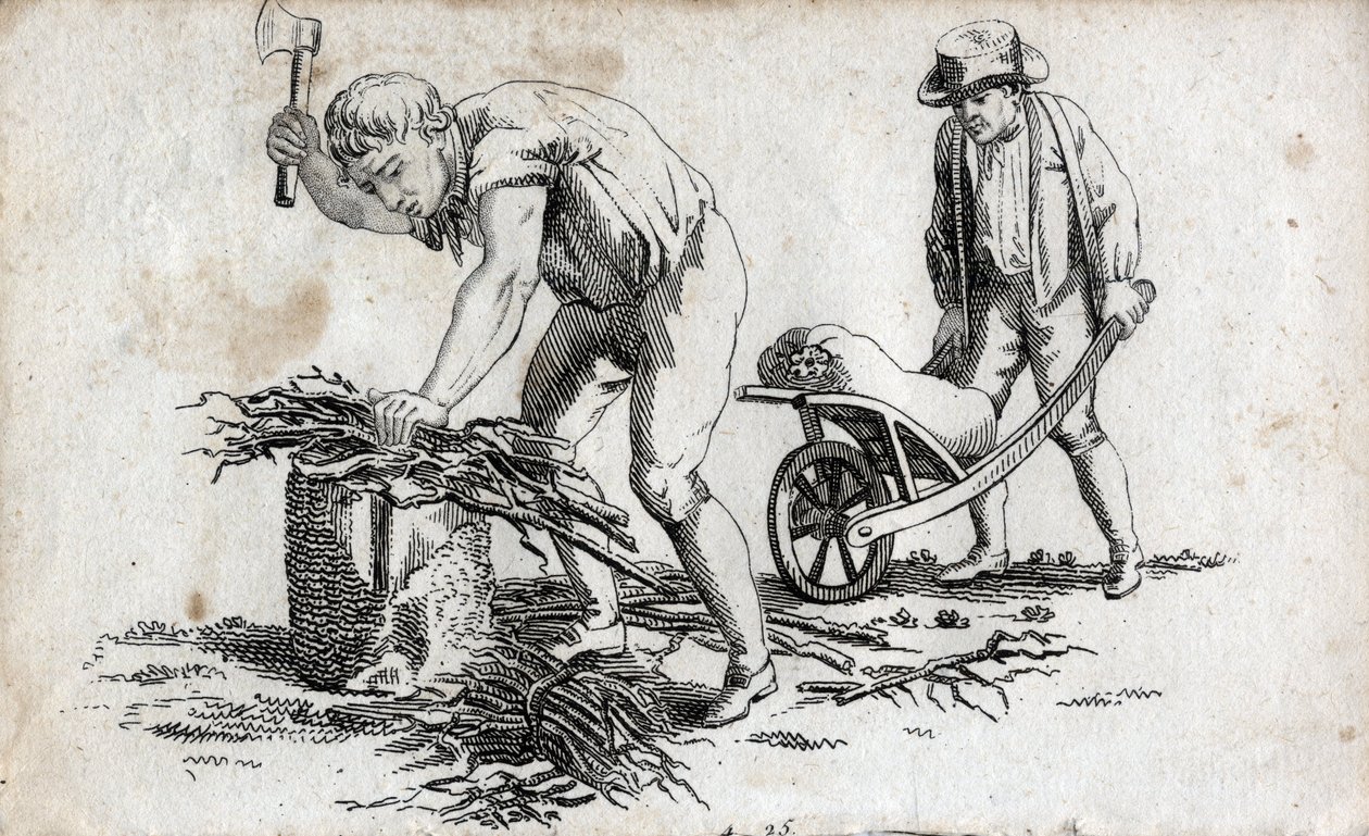 Dřevaři dělající balíky dřeva a muž nesoucí balíky na kolečku. Koncová rytina 18. století. Soukromá sbírka. od Unknown artist
