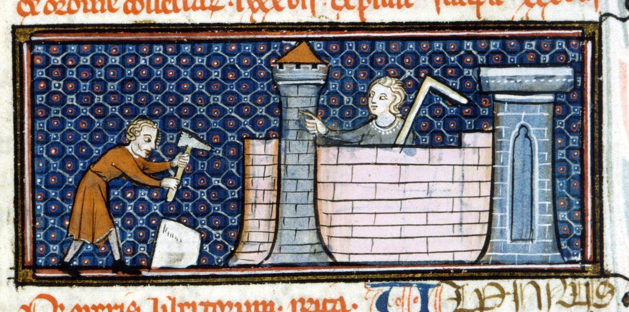 Dělníci budovající opevněný klášter, miniatura z poloviny 13. století. Biblioteca Trivulziana. od Unknown artist