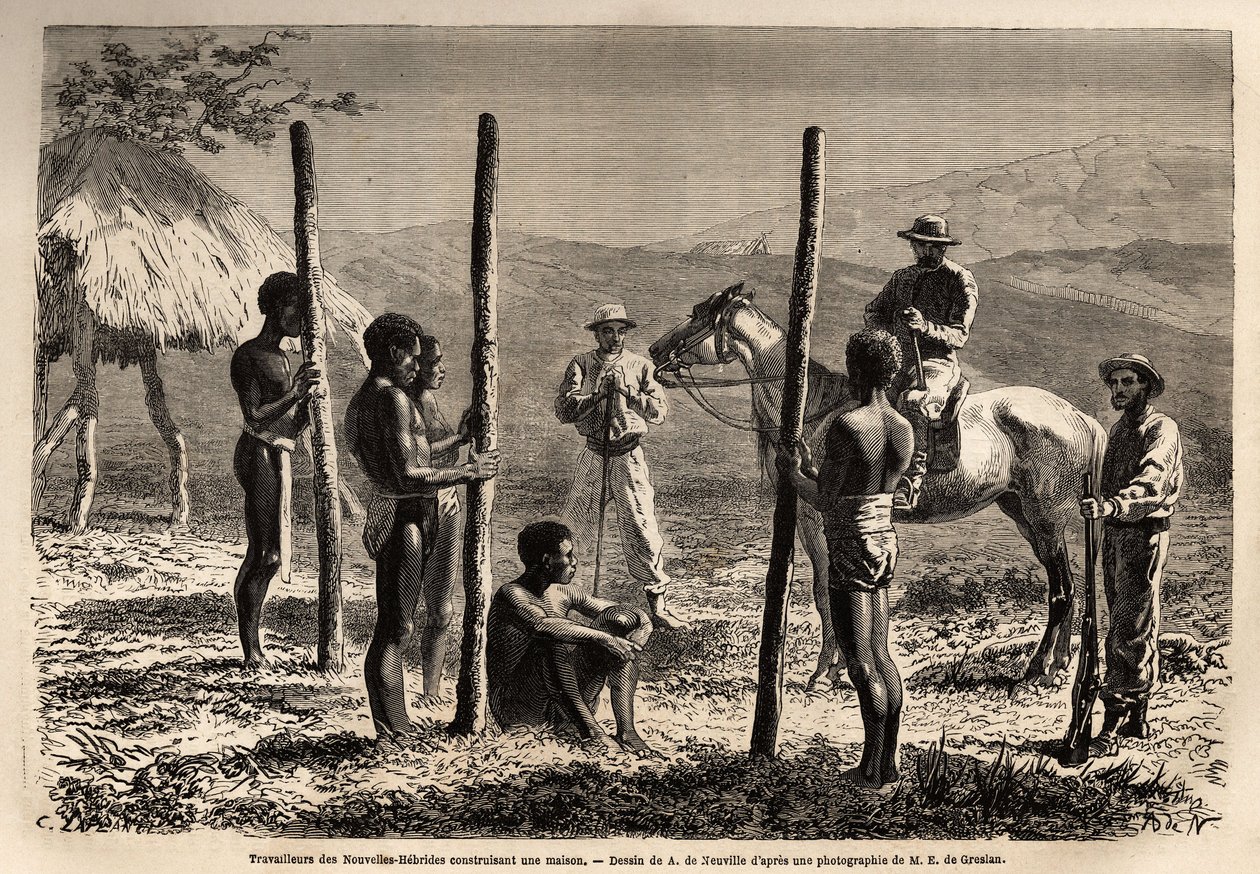 Dělníci z Nových Hebrid (nebo od roku 1980 Republiky Vanuatu, melanéského souostroví na severu Nové Kaledonie), staví dům, se kterými se autor setkává při exkurzi na koních. Rytina pour illustrrer le voyage à la Nouvelle Caledonie, od Unknown artist