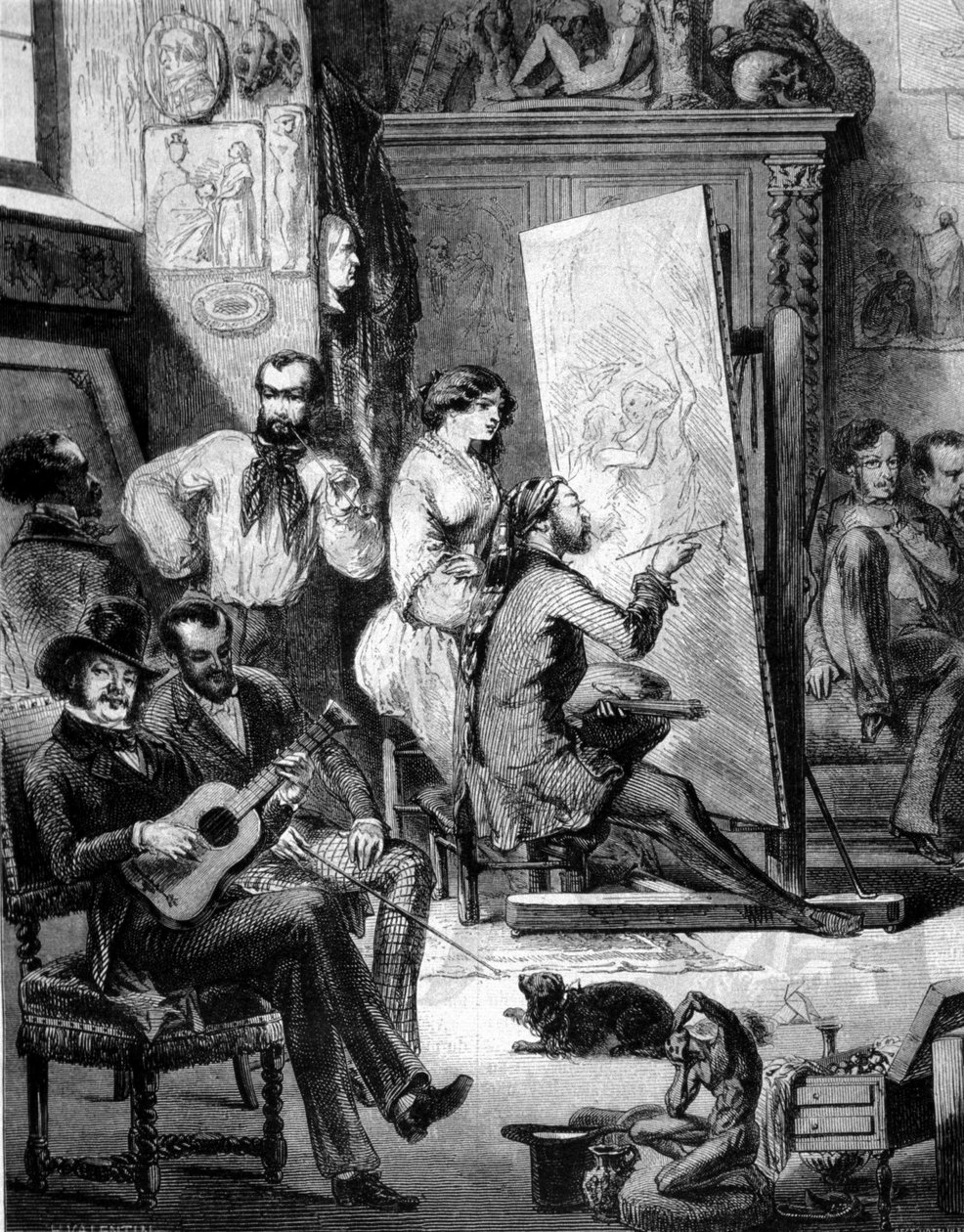 Dílna malíře v 19. století. Někteří hrají hudbu, jiní kouří, zatímco malíř kreslí. Rytina 19. století od Unknown artist