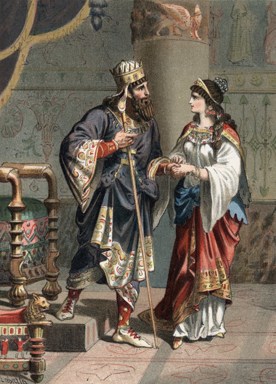 Xerxes I. Achajmenovský král perský (519-465 př. n. l.) se svou ženou Amestris. Rytina z roku 1881 v „“The Cult of Beauty”” od Juana Justa Hugueta, editor Molinas Hermanos od Unknown artist