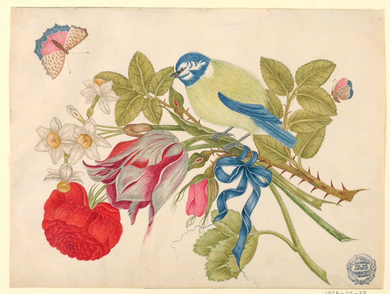 Žlutomodrý pták na kytici s růží, tulipány a narcisy, s motýly od Unknown artist